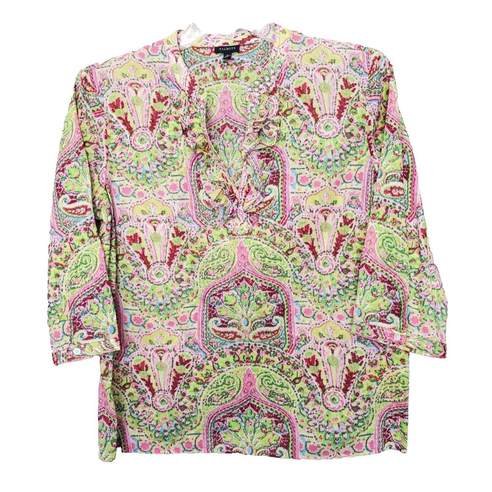 Talbots Multicolor Ruffle V-Neck 3/4 Sleeve Popover Tunic Size Medium